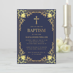 Invitation Baptême garçon élégant bleu marine doré faux vinta