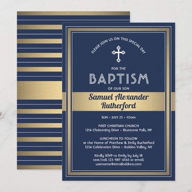 Invitation Baptême Garçon Élégant Bleu Nuit et Or (Devant / Derrière)