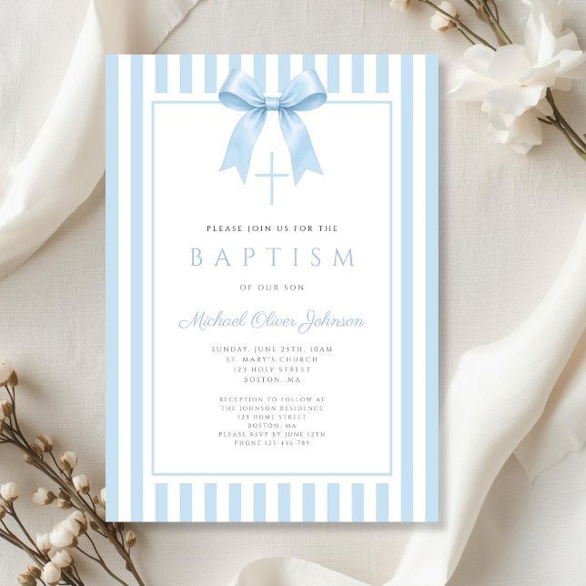 Invitation Baptême Garçon Élégant Nœud Bleu Bébé (Elegant Baby Blue Bow Boy Baptism Invitation)