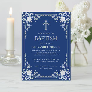 Invitation Baptême garçon Elégant Royal Blue Faux Silver Cros