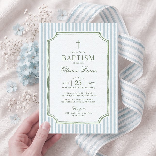 Invitation Baptême garçon fille Sage bleu rayure verte (Créateur téléchargé)