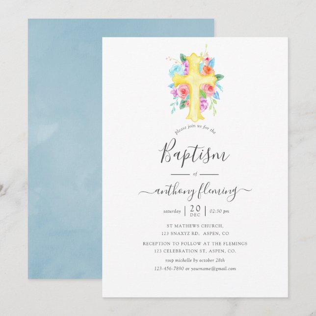 Invitation Baptême Garçon Floral Aquarelle Pastel (Devant / Derrière)
