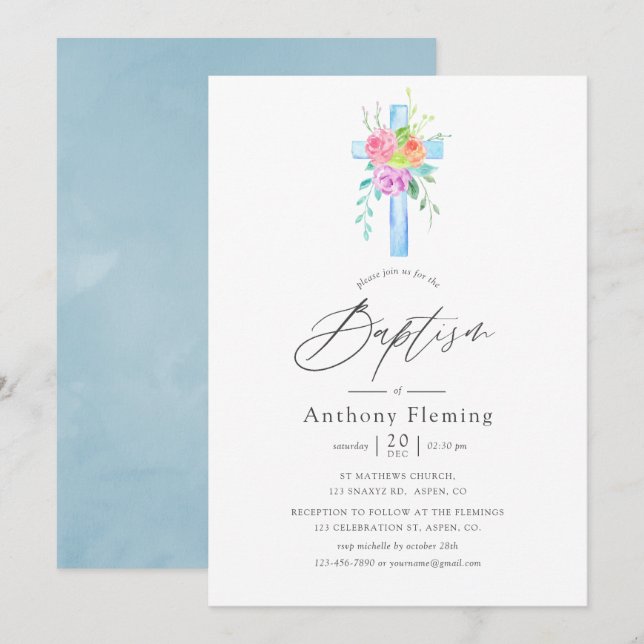 Invitation Baptême garçon floral aquarelle pastel (Devant / Derrière)