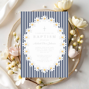 Invitation Baptême garçon floral bleu marine élégant