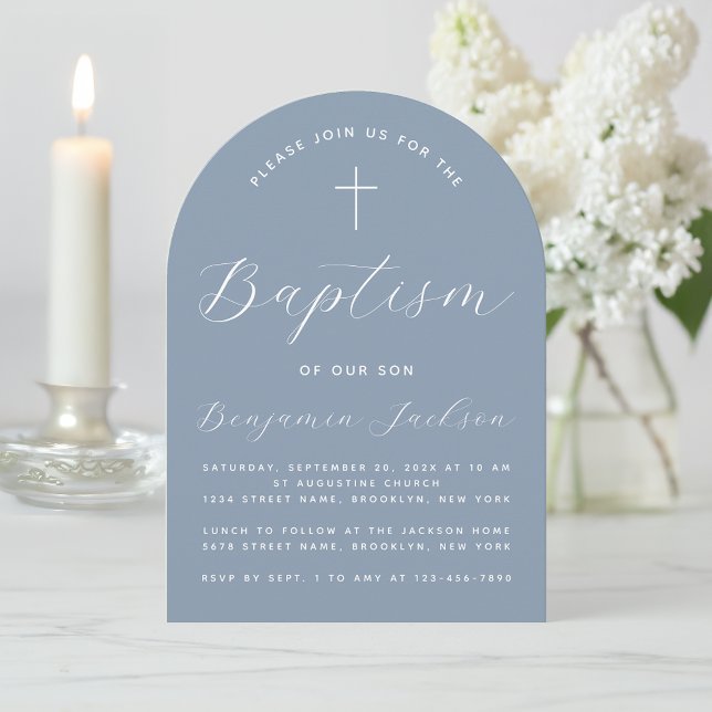 Invitation Baptême garçon moderne bleu poussiéreux Arche (Créateur téléchargé)