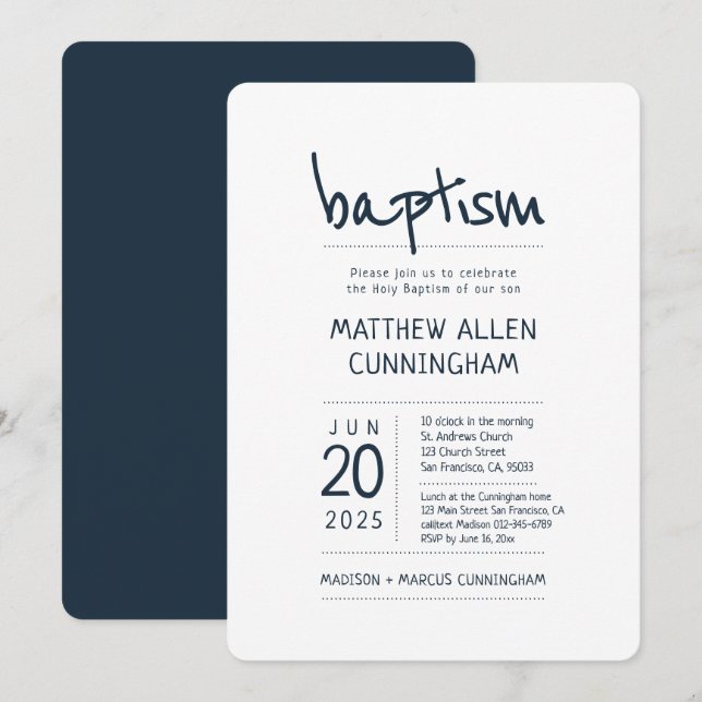 Invitation Baptême Garçon | Moderne + Simple (Devant / Derrière)