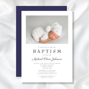 Invitation Baptême Garçon Photo Élégant Bleu Marine