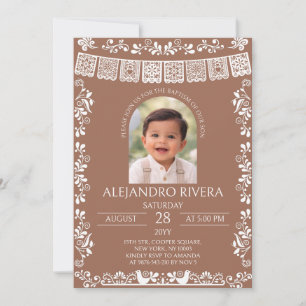 Invitation Baptême Garçon Photo en Terracotta Papel Picado