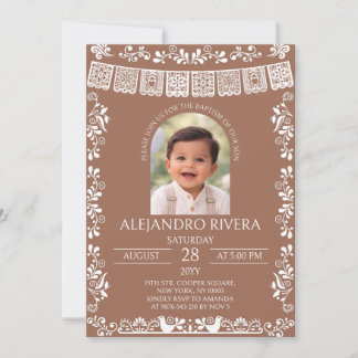 Invitation Baptême Garçon Photo en Terracotta Papel Picado