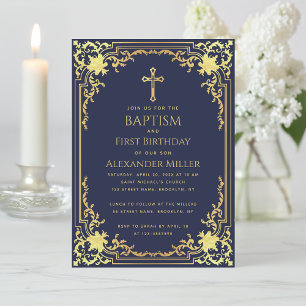 Invitation Baptême garçon Premier anniversaire Marine Bleu Or