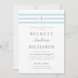Invitation Baptême Garçon Rayure Classique Bleue