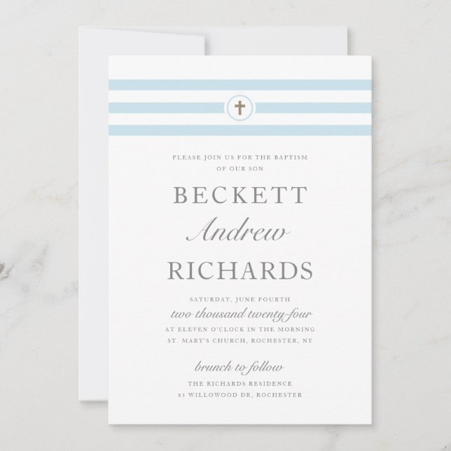 Invitation Baptême Garçon Rayure Classique Bleue (Devant)