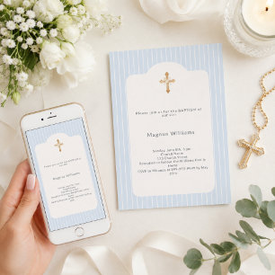 Invitation Baptême garçon rayures bleu poussiéreux