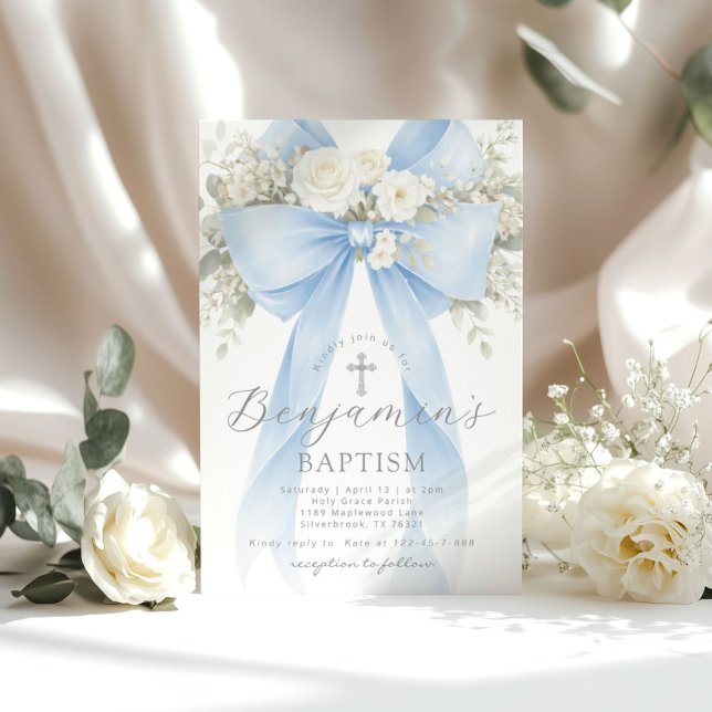 Invitation Baptême garçon ruban eucalyptus floral bleu (Créateur téléchargé)