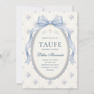 Invitation Baptême Garçon Ruban Floral Toile Bleue Élégant