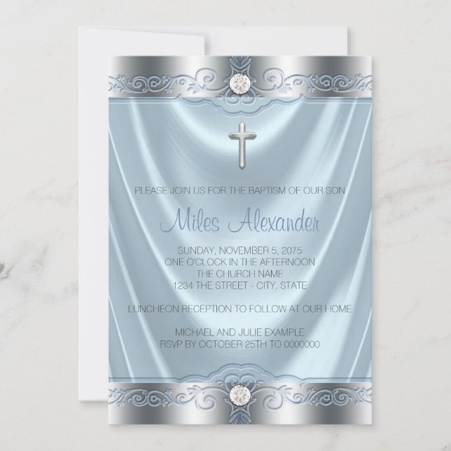 Invitation Baptême Garçons Bleu et Argent (Devant)