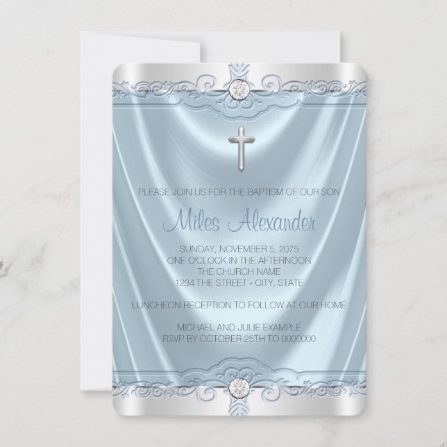 Invitation Baptême Garçons Bleu et Argent (Devant)