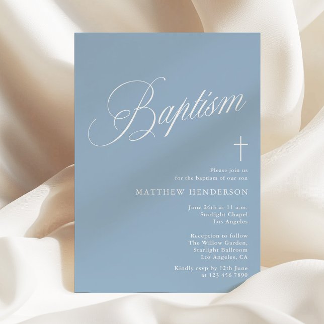 Invitation Baptême Garçons Bleu Poussiéreux Écriture Moderne (Créateur téléchargé)