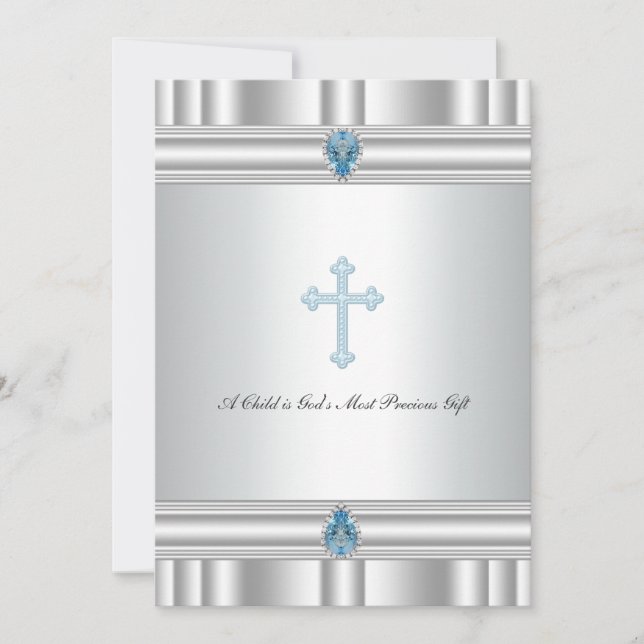 Invitation Baptême Garçons Croix Grise et Bleue (Devant)