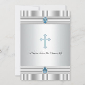 Invitation Baptême Garçons Croix Grise et Bleue