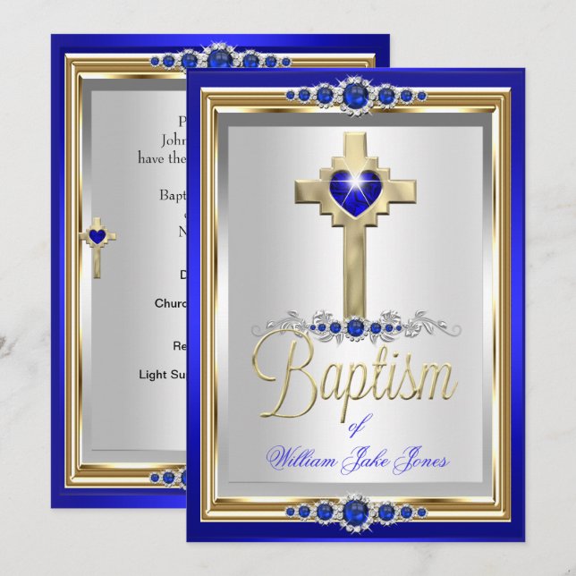 Invitation Baptême Garçons ou Filles Croix Perle Bleue (Devant / Derrière)