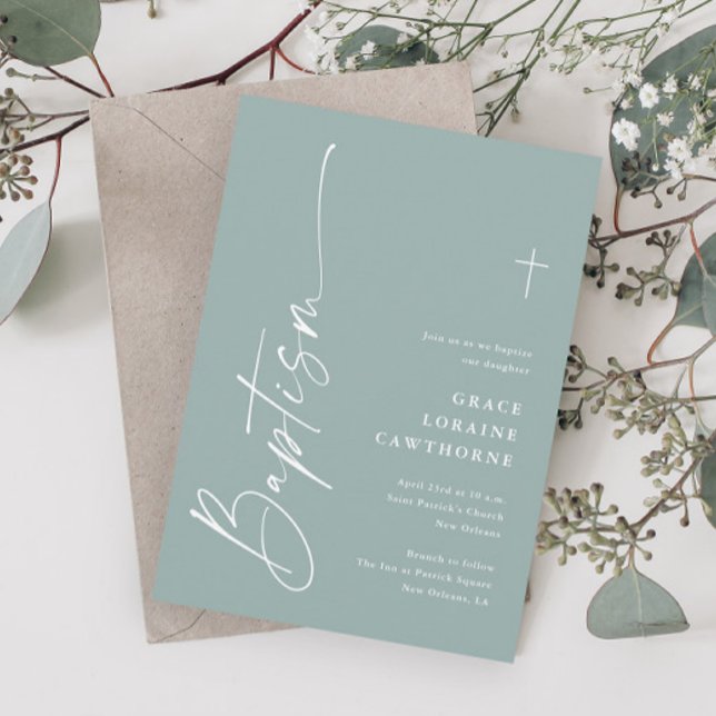 Invitation Baptême Genre Neutre Vert Sauge Écriture Moderne (Modern Elegant Script Sage Green Gender Neutral Baptism Invitations.)