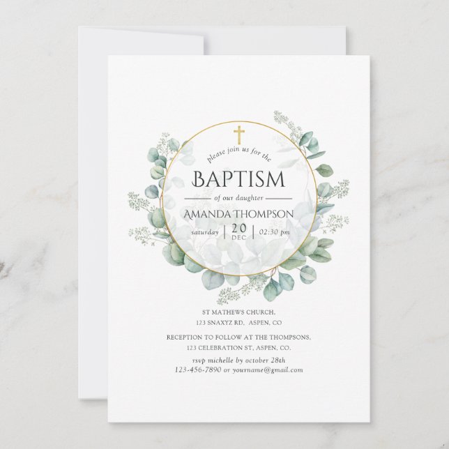Invitation Baptême géométrique à l'aquarelle d'eucalyptus (Devant)