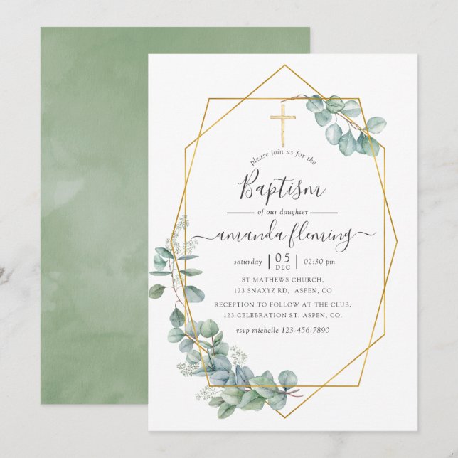 Invitation Baptême géométrique à l'aquarelle d'eucalyptus (Devant / Derrière)