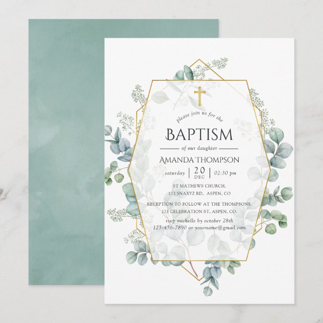 Invitation Baptême géométrique à l'aquarelle Eucalyptus (Devant / Derrière)