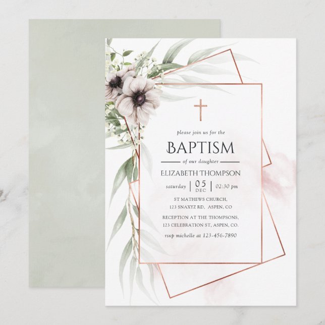 Invitation Baptême géométrique à l'aquarelle Eucalyptus (Devant / Derrière)