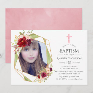Invitation Baptême géométrique Bourgogne et rose tendre