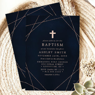 Invitation Baptême géométrique croix élégant marine et or ros