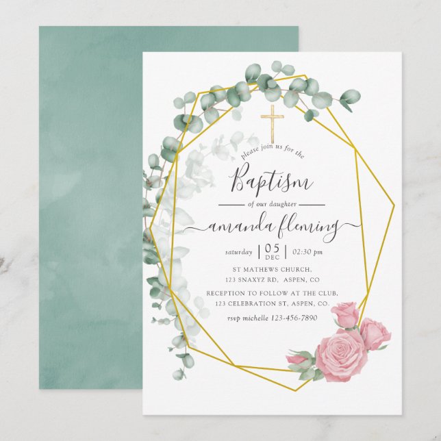 Invitation Baptême géométrique de rose d'eucalyptus à l'aquar (Devant / Derrière)