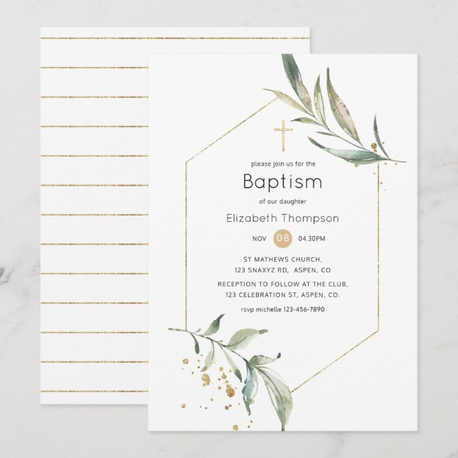 Invitation Baptême géométrique de verdure et de doré scintill (Devant / Derrière)
