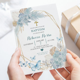 Invitation Baptême géométrique du papillon floral bleu Boho
