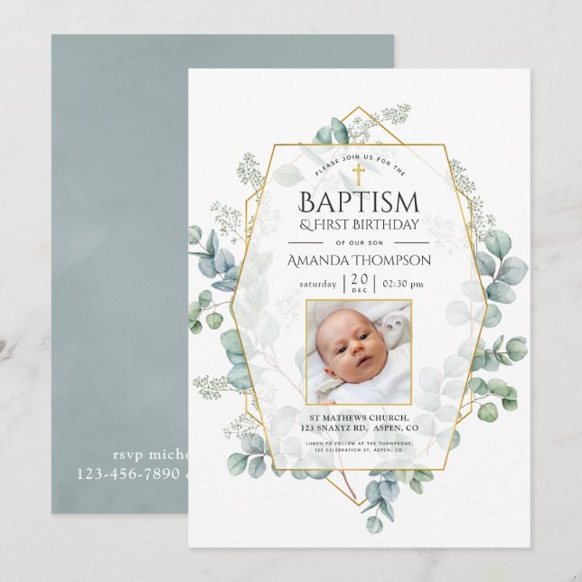 Invitation Baptême géométrique Eucalyptus 1er Anniversaire (Devant / Derrière)