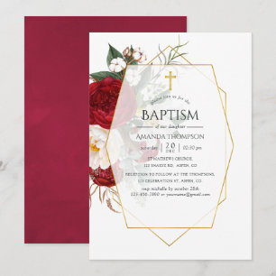 Invitation Baptême géométrique floral bordeaux et blanc