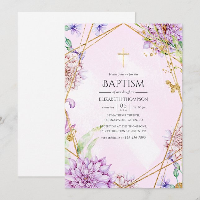 Invitation Baptême géométrique floral pourpre et or (Devant / Derrière)
