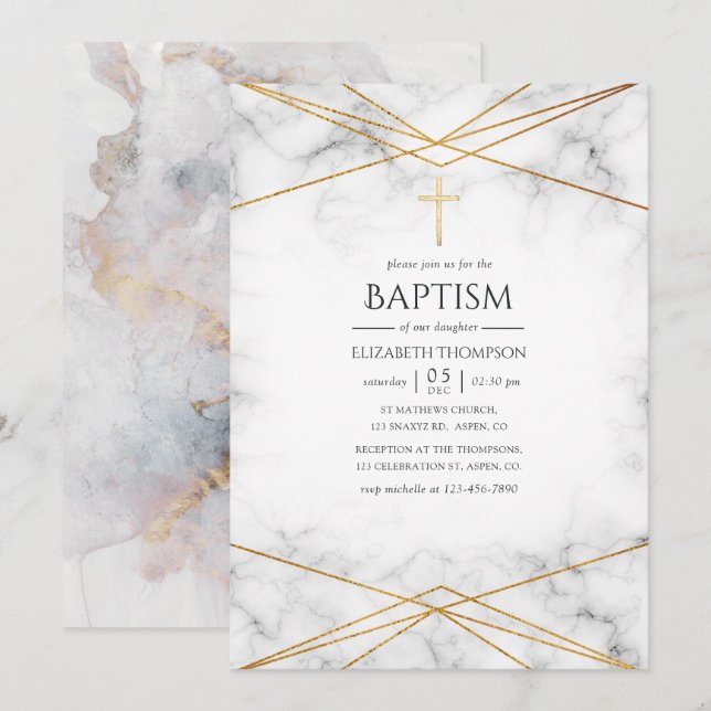Invitation Baptême Géométrique Marbre Doré (Devant / Derrière)