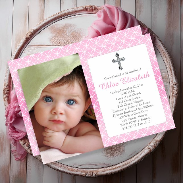 Invitation Baptême | Girl Eternity Bagues Croix Photo (Baptism Girl Eternity Rings Elegant Silver Cross Photo Invitation - Print and/or Digital Download)