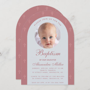 Invitation Baptême Girl Photo Arc moderne Dusty Rose Script