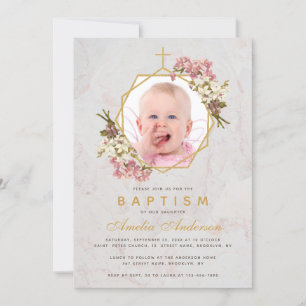 Invitation Baptême Girl Photo Floral Or rose Orchidées Marbre