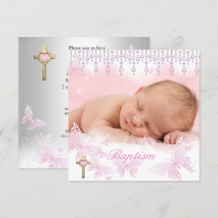 Invitation Baptême Girl Pink Silver Butterfly Cross