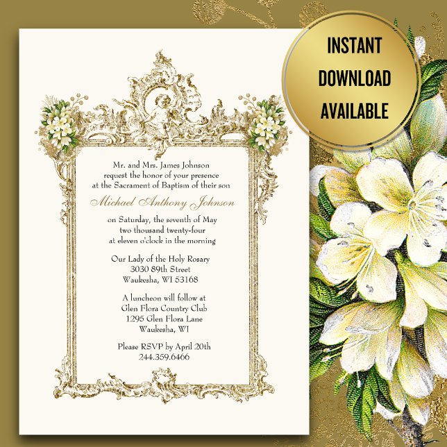 Invitation Baptême Gold Angels Floral Vintage (Créateur téléchargé)