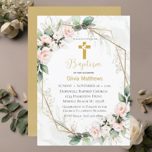 Invitation Baptême Gold Cross Rose Floral Girls