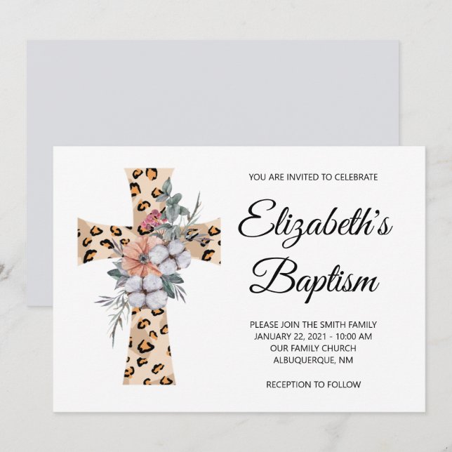 Invitation Baptême Gris Léopard Floral Aquarelle Croix (Devant / Derrière)