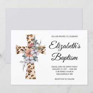 Invitation Baptême Gris Léopard Floral Aquarelle Croix