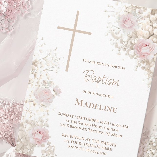 Invitation Baptême Gypsophile et roses roses (Créateur téléchargé)