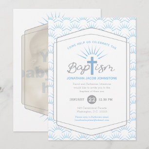 Invitation Baptême halo et croix photo personnalisée bleu