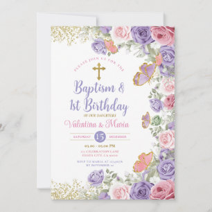 Invitation Baptême jumeau et 1er anniversaire Floral violet e